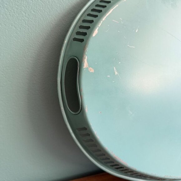 Vintage Turquoise Toleware Pilgrim Art Oval Tray 155 Reticulated Hand Painted - Picture 9 of 10